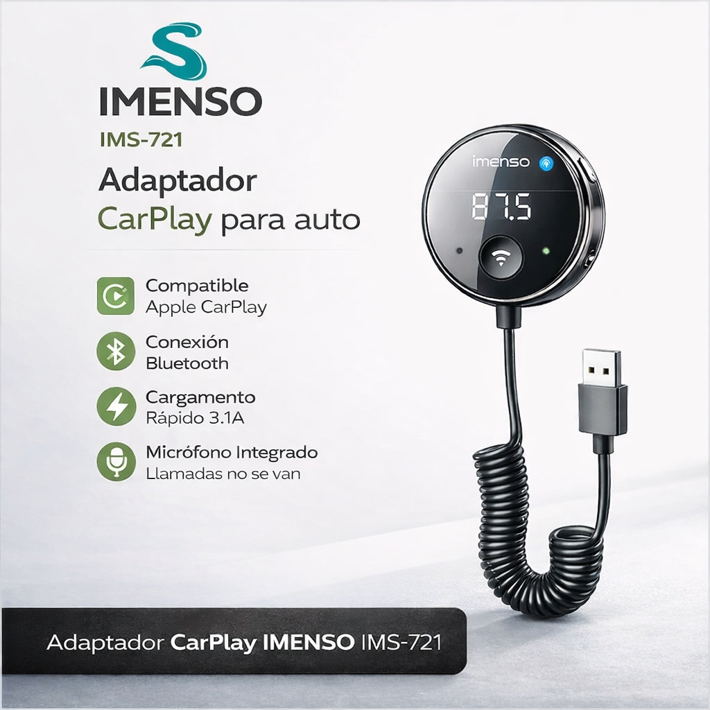 Adaptador CarPlay IMENSO IMS-721 Bluetooth para Auto con Carga Rápida