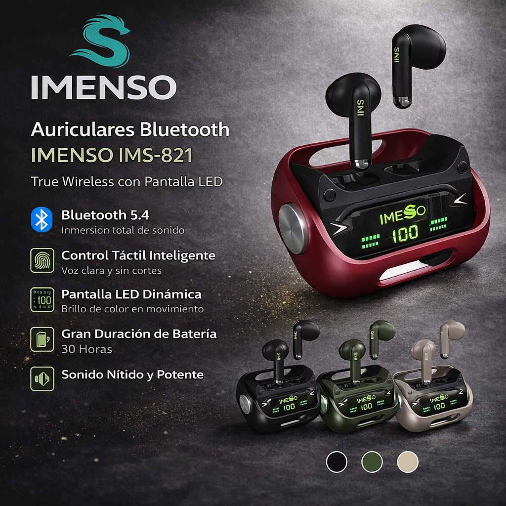 Auriculares Bluetooth IMENSO IMS-821 True Wireless con Pantalla LED y Estuche