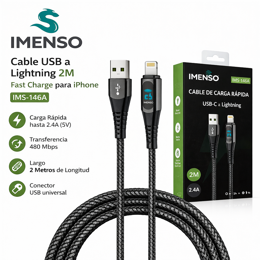 Cable USB-C a Lightning IMENSO 2 Metros Trenzado Fast Charge 3A (iPhone)