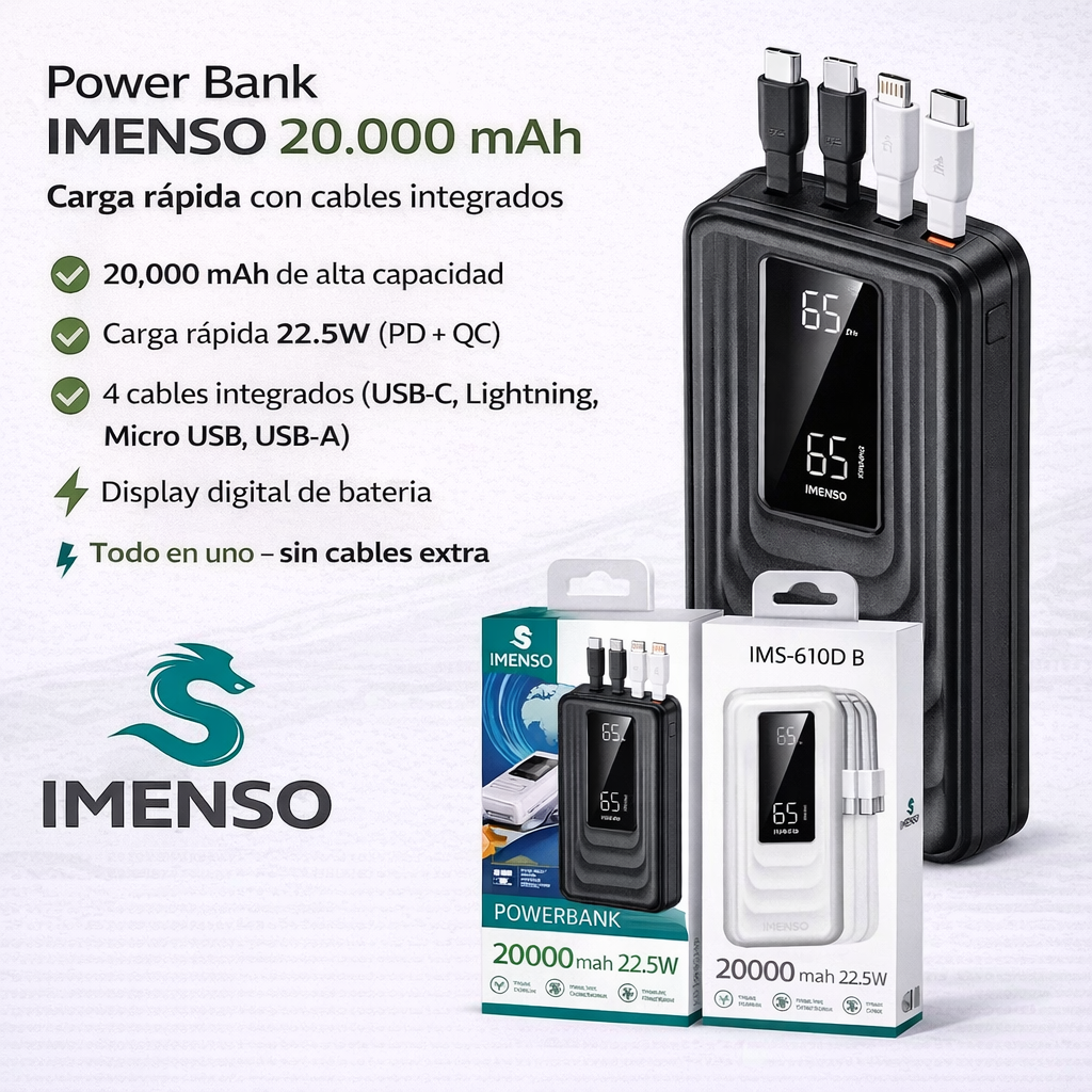 Power Bank IMENSO IMS-610D 20.000 mAh 22.5W Con Cables Integrados