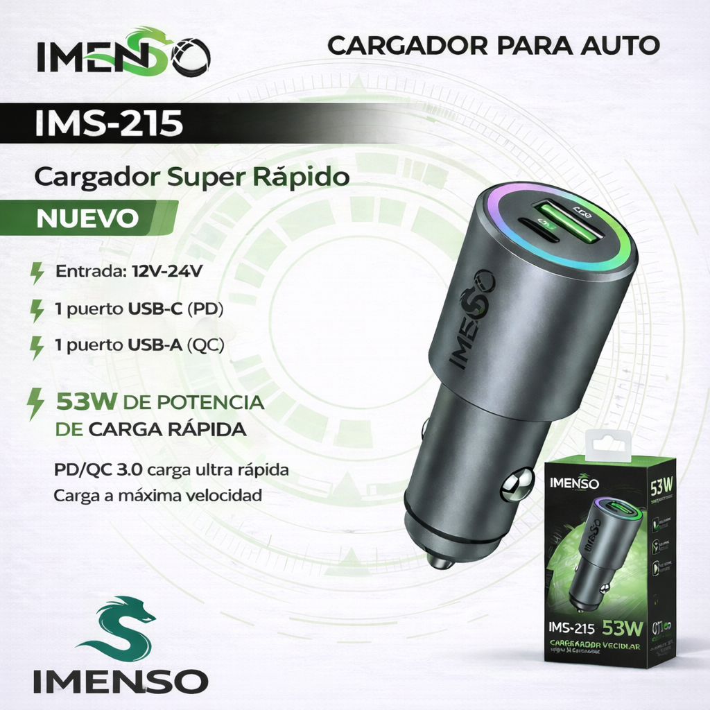 Cargador Vehicular IMENSO IMS-215 53W Carga Rápida