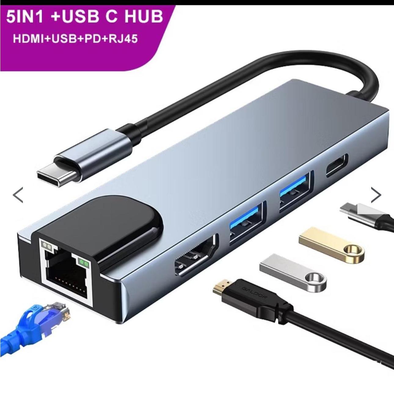 HUB Tipo C Para HDMI 4K RJ45 USB 3.0 PD Adaptador USB 5 Entradas - ABAB