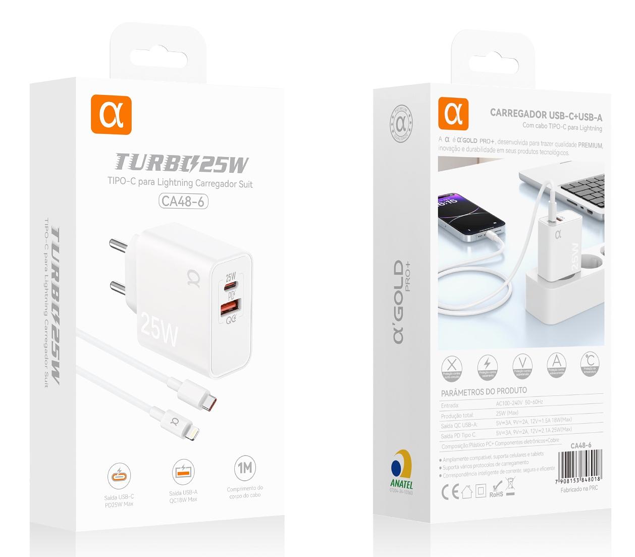 Cargador Turbo 25W USB-C + USB-A Fast Charging a’Gold CA48-6