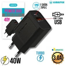 Cargador Turbo 40W Tipo C + USB T160 Kimaster - Negro