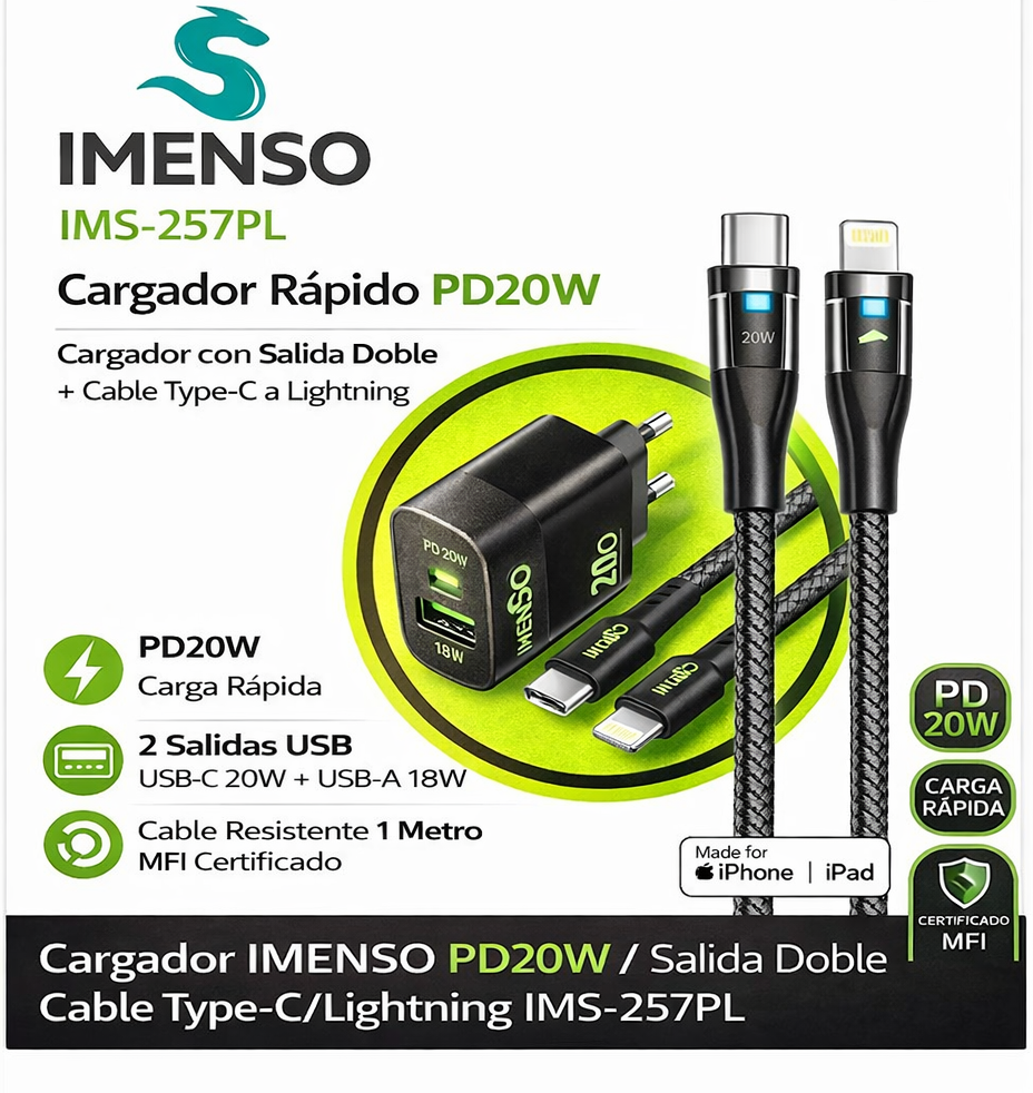 Cargador IMENSO PD20W Dual USB + Cable Lightning MFI 1m (iPhone) – Carga Rápida 20W