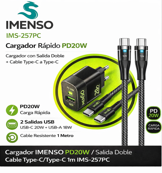 Cargador IMENSO PD20W Dual USB + Cable USB-C a USB-C (Carga Rápida 20W) – IMS-257PC