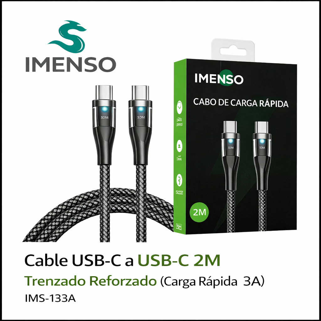 Cable USB-C a USB-C IMENSO 2 Metros Trenzado 27w 3A Fast Charge – Alta Resistencia