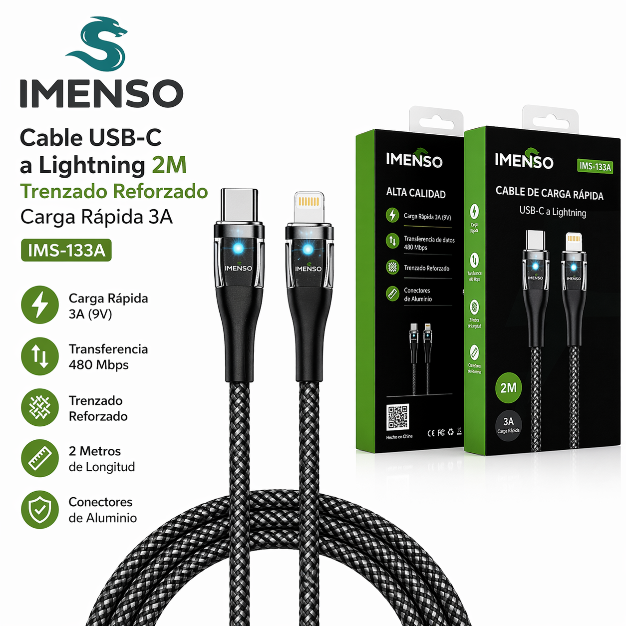 Cable USB-C a Lightning IMENSO 2 Metros Trenzado Fast Charge 3A (iPhone)
