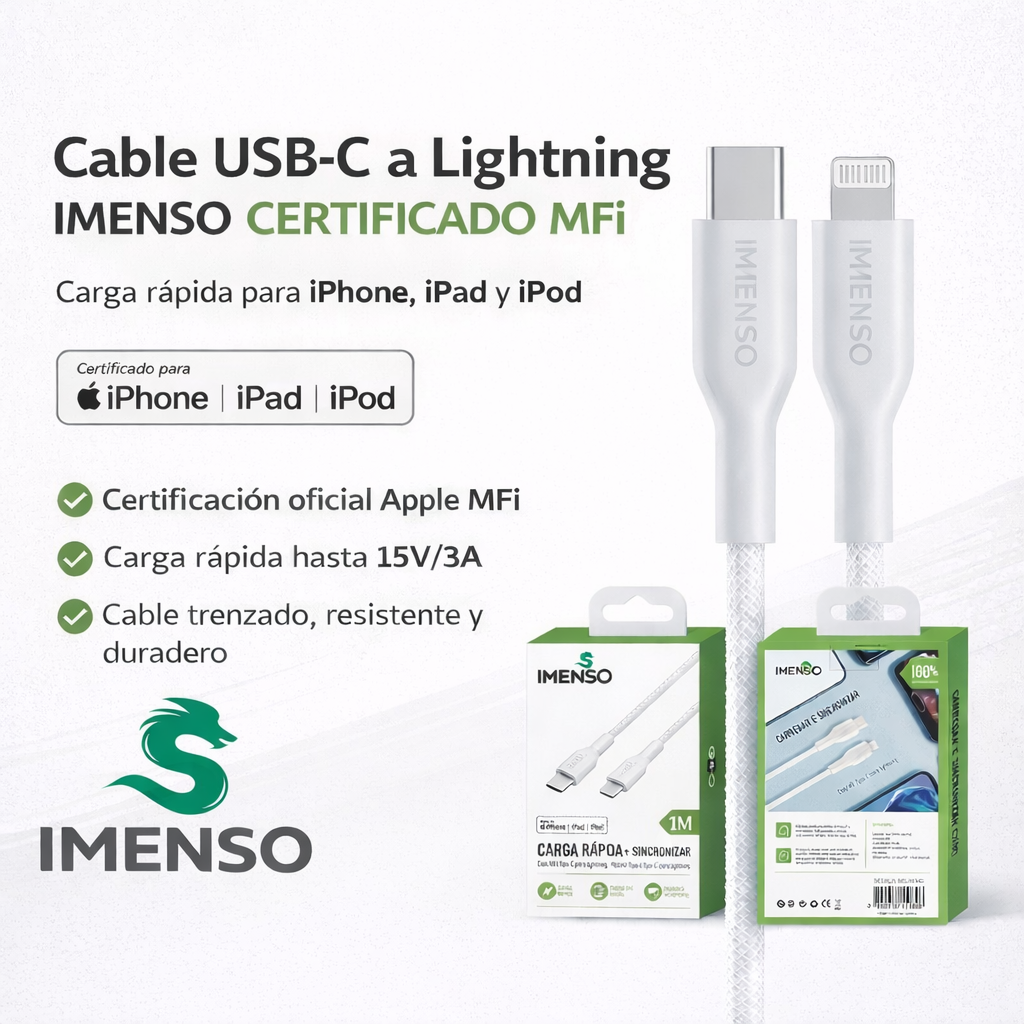 Cable Tipo-C a Lightning IMENSO IMS-180MC 1M Carga Rápida