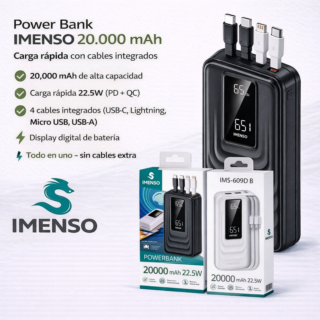 Power Bank IMENSO IMS-609D 20.000 mAh 22.5W Con Cables Integrados