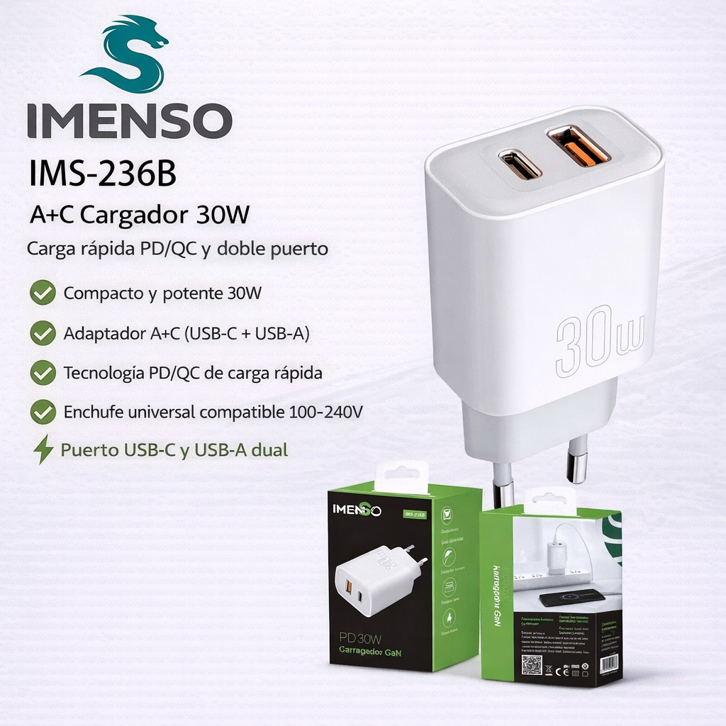 Cargador IMENSO IMS-236B 30W USB-C + USB