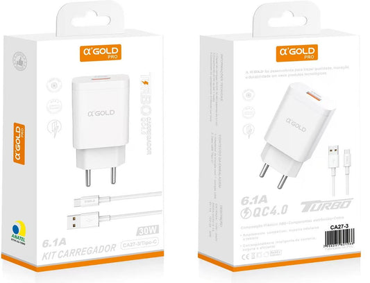 Cargador Turbo 30W USB-C + USB-A Tipo-C a’Gold CA27-3
