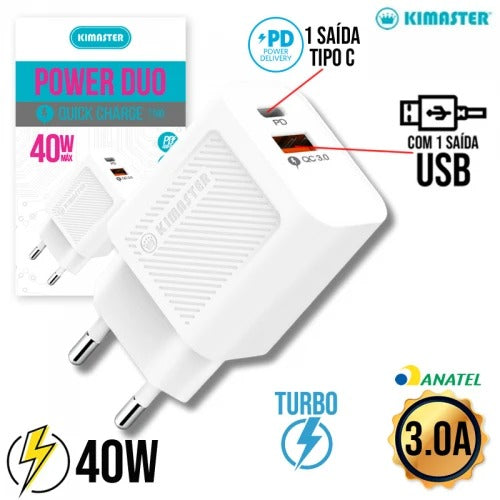 Cargador Turbo 40W Tipo C + USB T160 Kimaster - Blanco